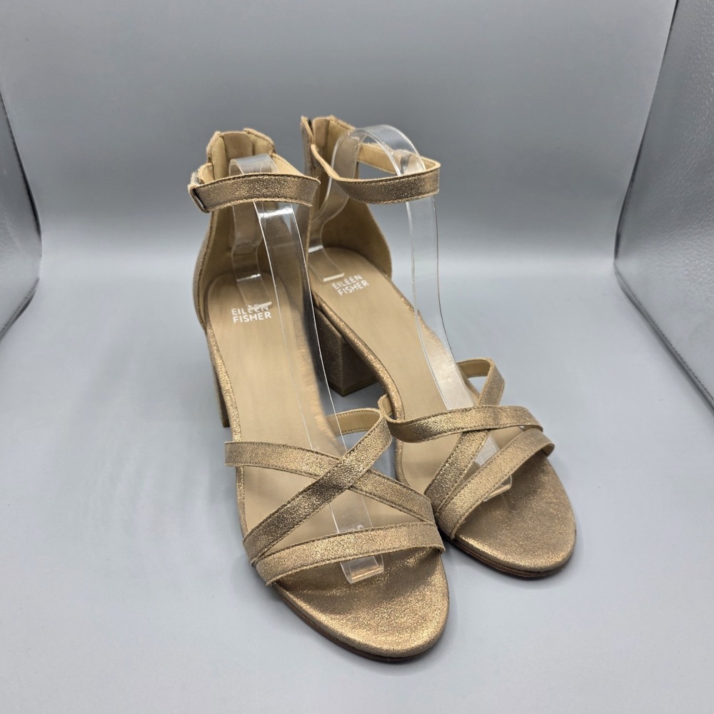 Eileen Fisher Jazzy Sandals Womens 10 Gold Glitter Block Heel‎ Strappy Zipper